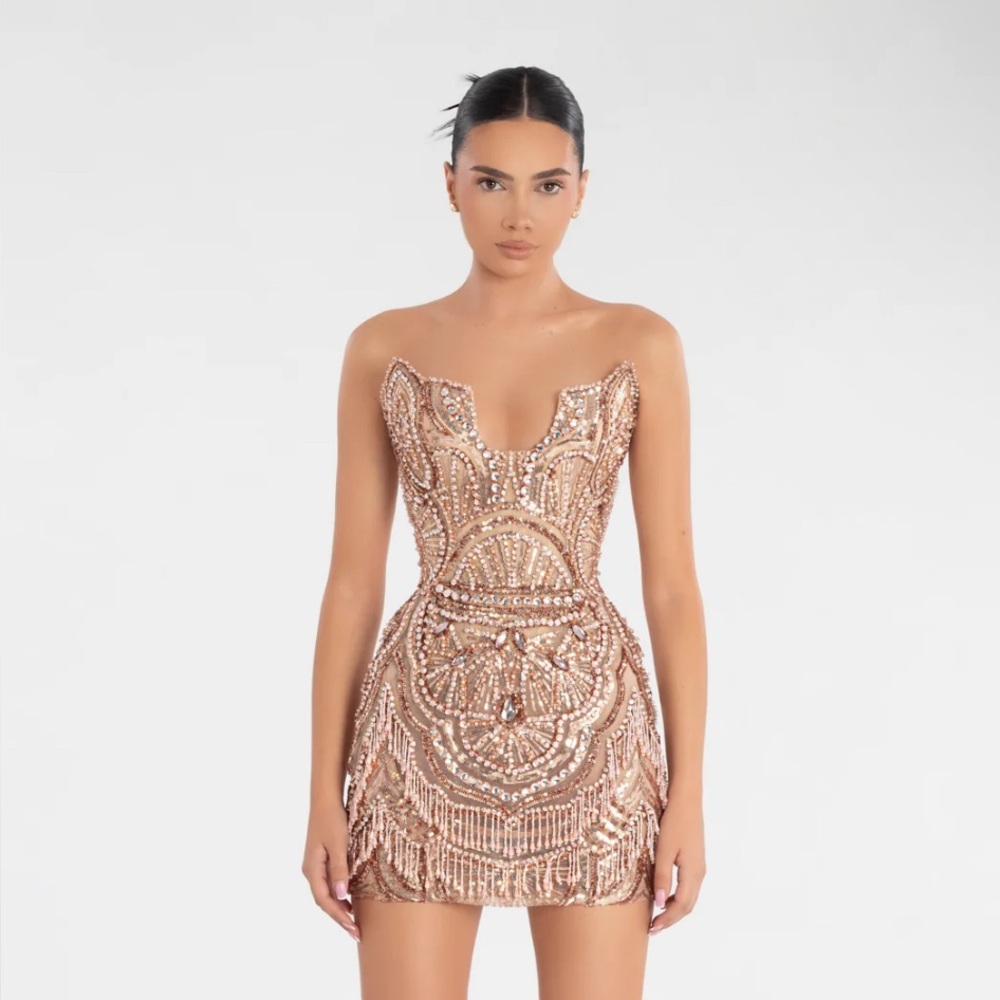 Albina Dyla Gold Sequin Embellished Corset Bodycon Mini Dress